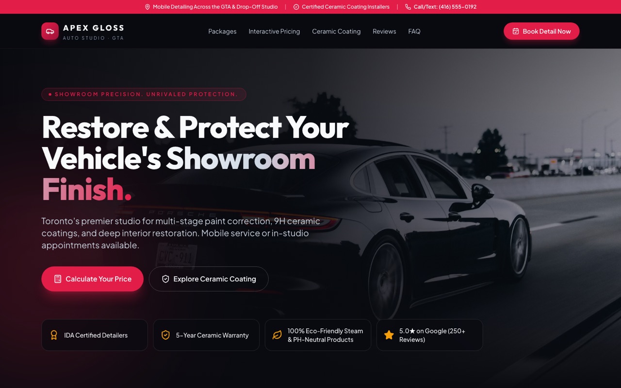 Homepage of the Apex Gloss Auto Studio demo website