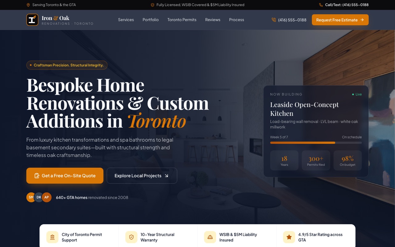 Homepage of the Iron & Oak Renovations demo website